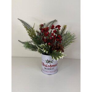 Artificial Christmas Arrangement In White Christmas Market Tin For Holiday Decor